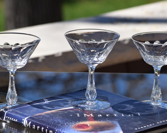 4 Vintage CRYSTAL Bubble Stem Etched Cocktail Glasses,  Tiffin Franciscan, circa 1960's, Vintage Crystal Martini Glass, Crystal Bubble Stem