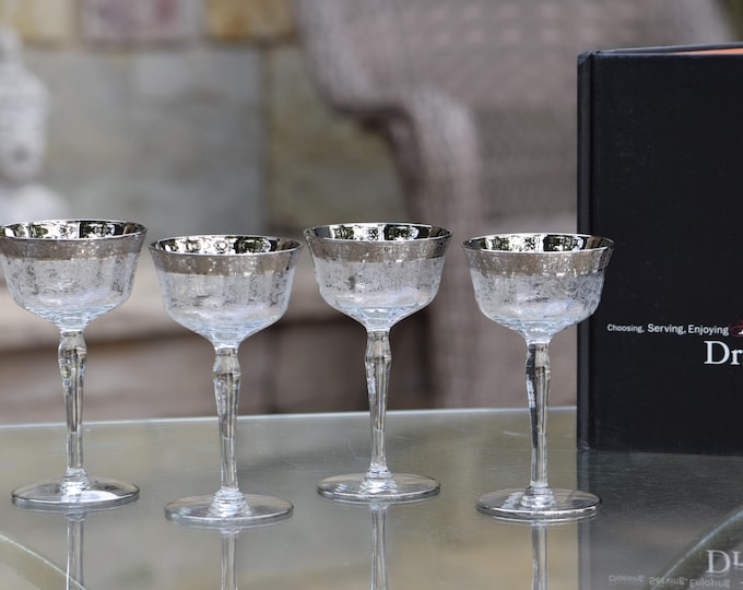 Vintage Platinum Encrusted Wine ~ Dessert Liqueur Glasses, Set of 6,  Tiffin Franciscan, Platinum Rambler Rose,  4 oz Sherry Dessert Wines