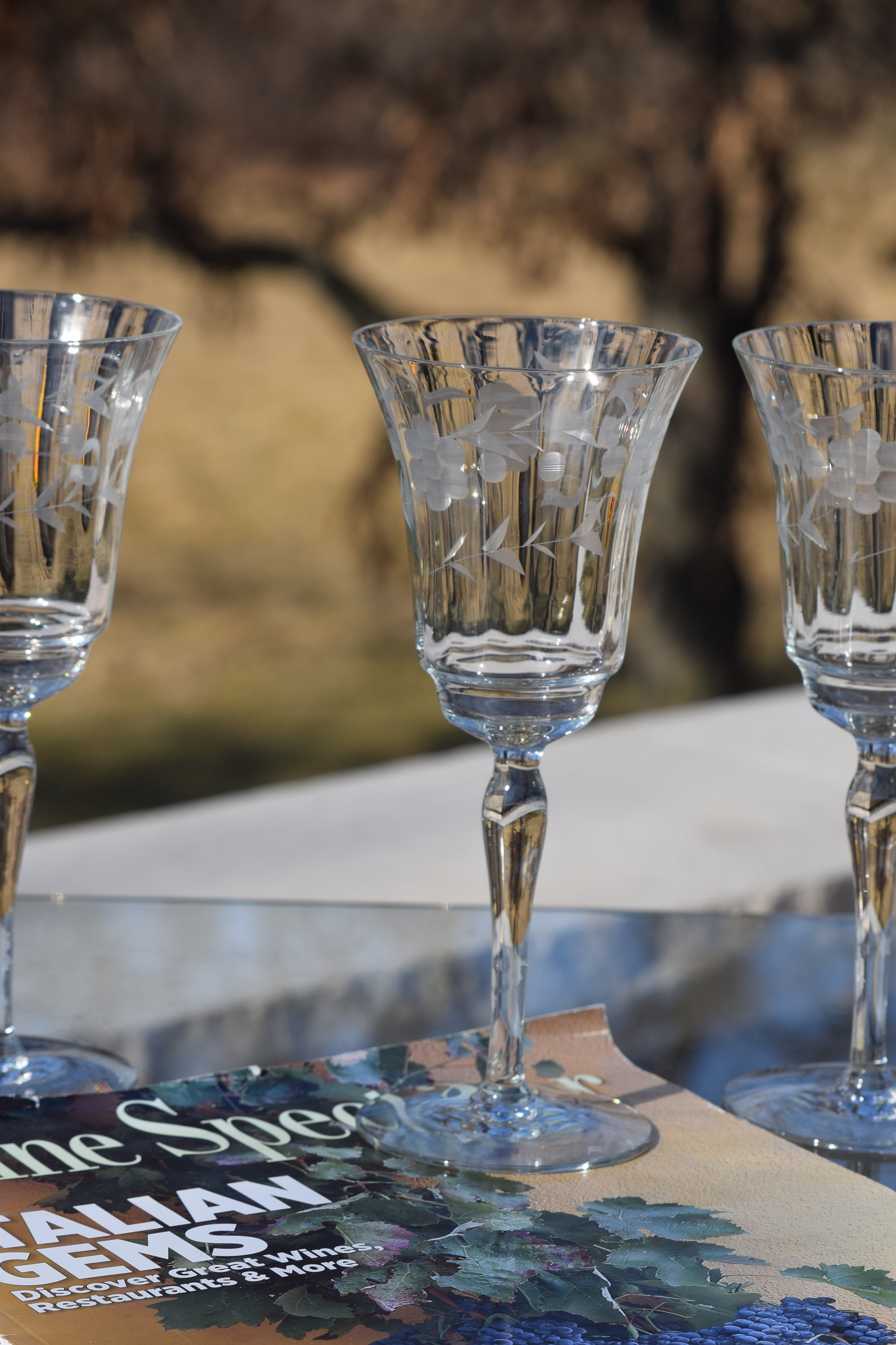 4 Vintage Etched Tall Wine Glasses Water Goblets, 1950's Etched Wine