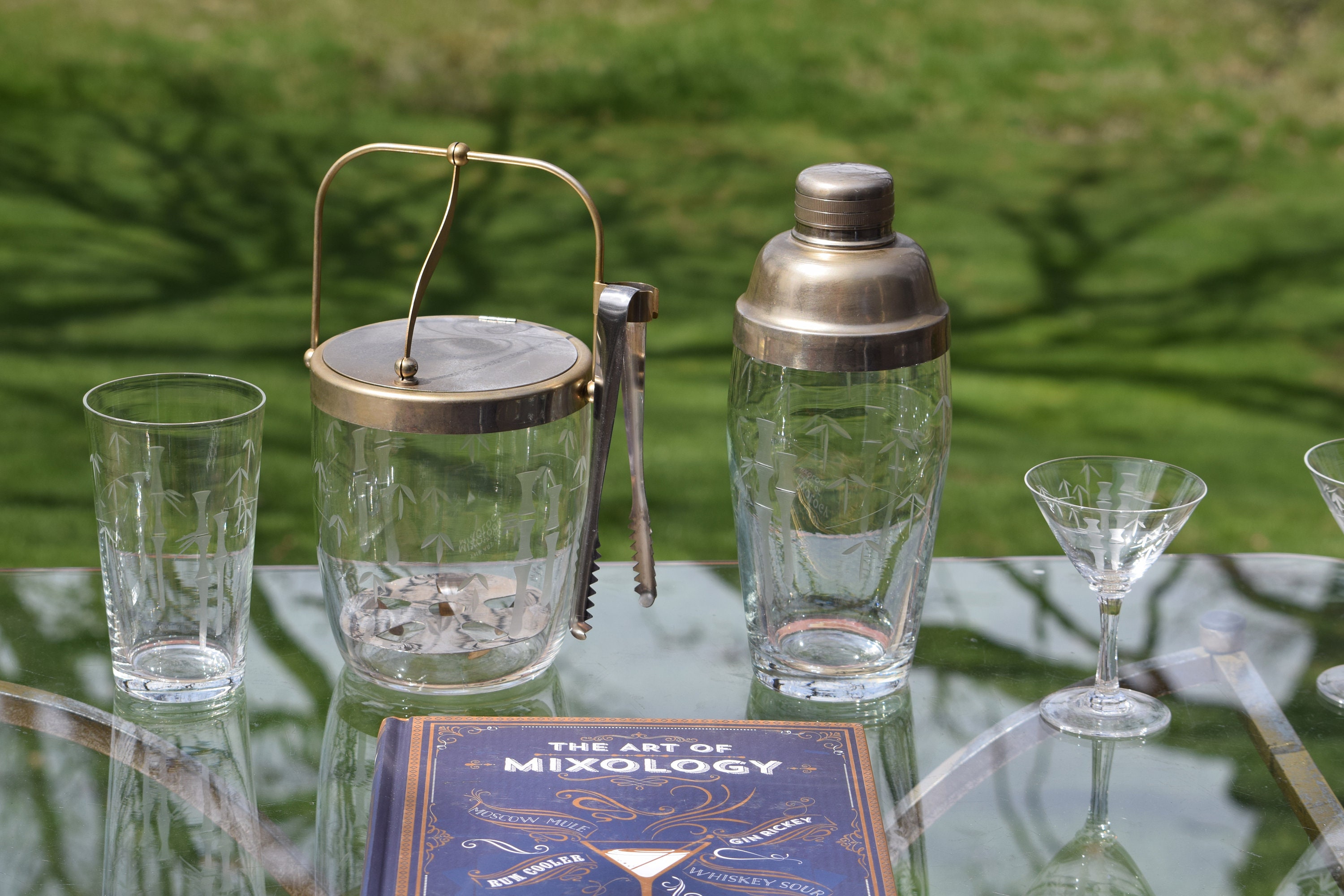 Vintage Etched Barware Set, 1950's, Vintage Cocktail Shaker, Cocktail  Glasses, Highball Glasses and Ice Bucket, Vintage Home Bar Glasses