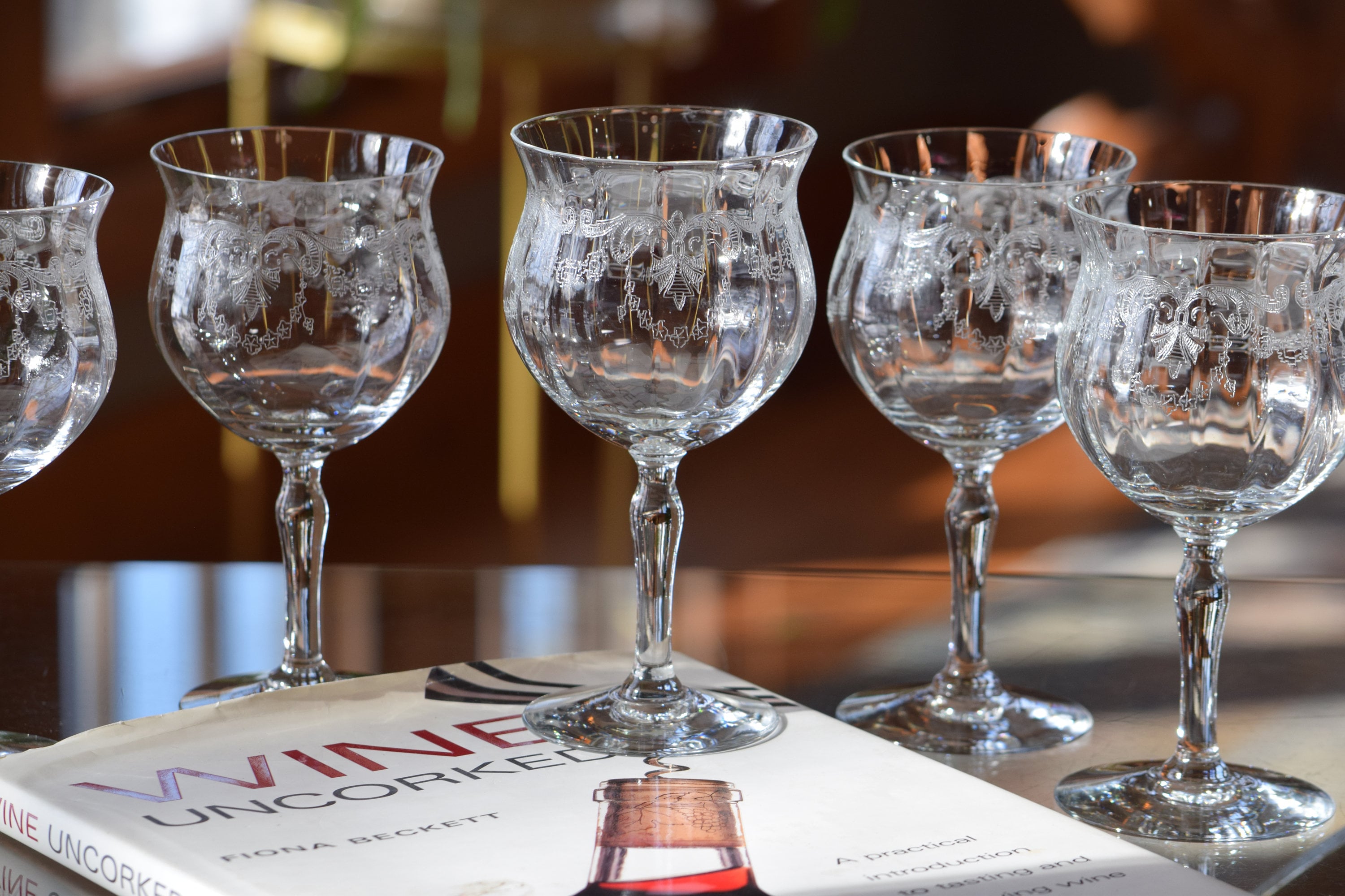 6 Vintage Etched Optic Wine Glasses, Fry Glass, 1930-1940's, Antique ...