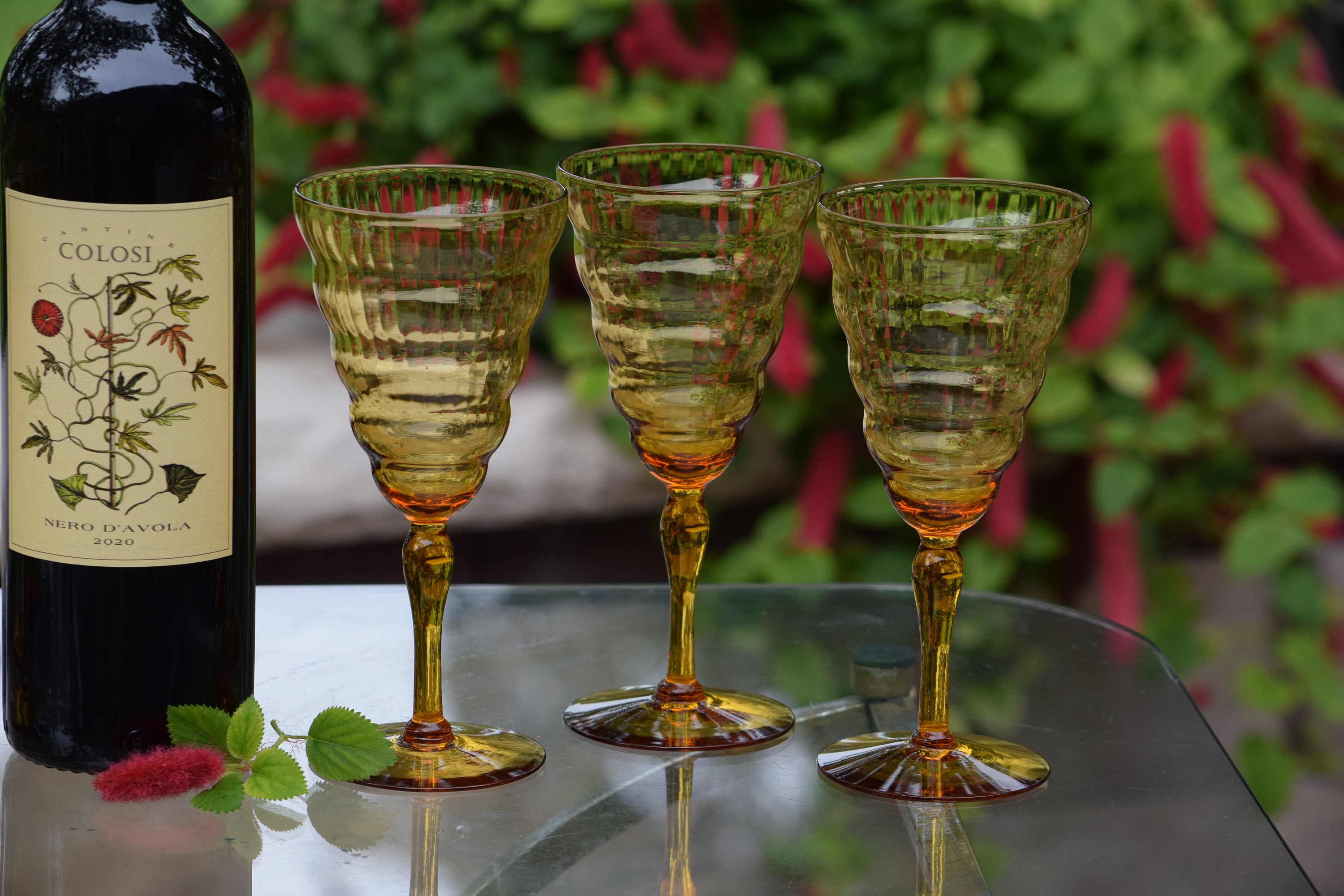 7 Vintage Amber Wine Glasses, Utility Glass Cambridge Amber c 1929