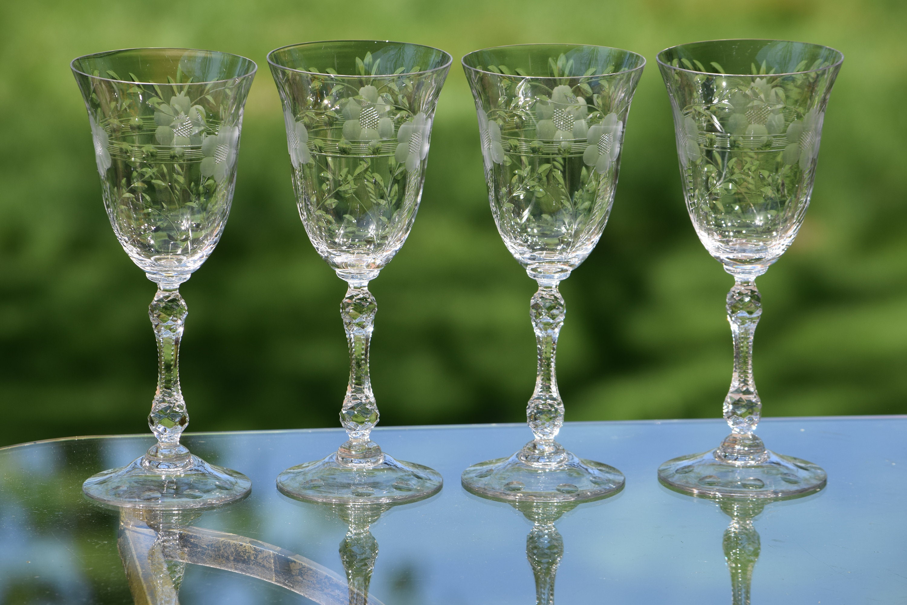 Pair of Vintage Short Stem Wine Cocktail or Water Glasses Square-bottomed  Glasses With Optic Cube Grid Effect 