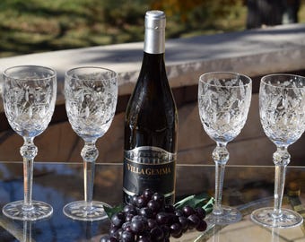 Vintage Etched Crystal Wine Goblets - Celine Floral Design, Set of 4, 1990's