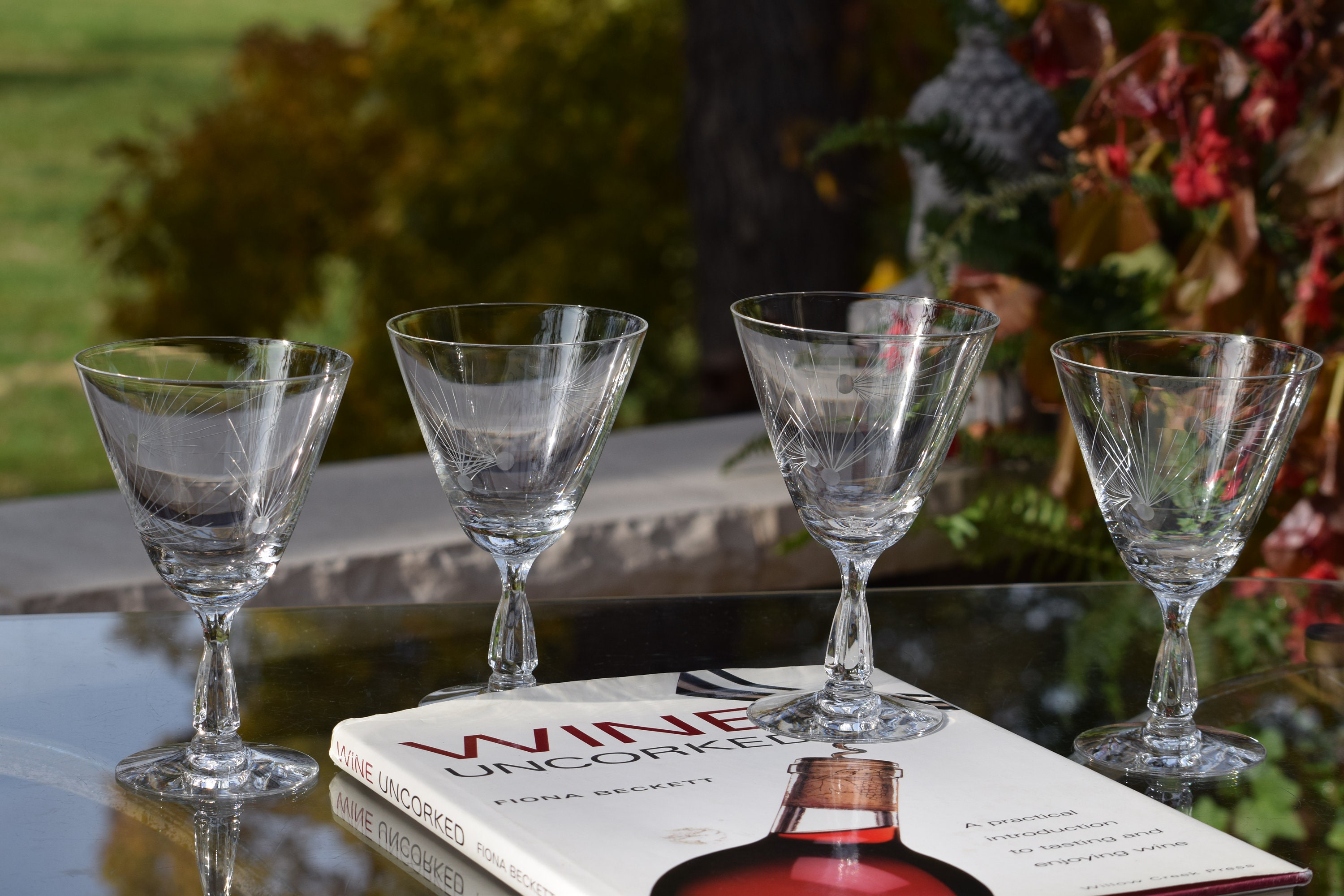 4 Vintage Etched Crystal Wine Glasses, Fostoria, Heather, c