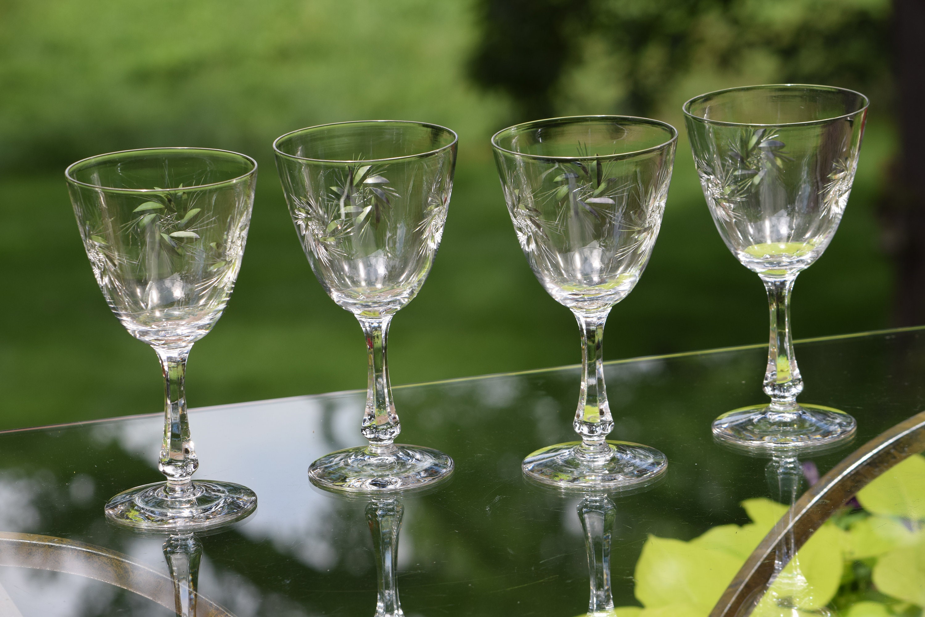 Vintage Etched Starburst Pitcher with matching Wine Glasses