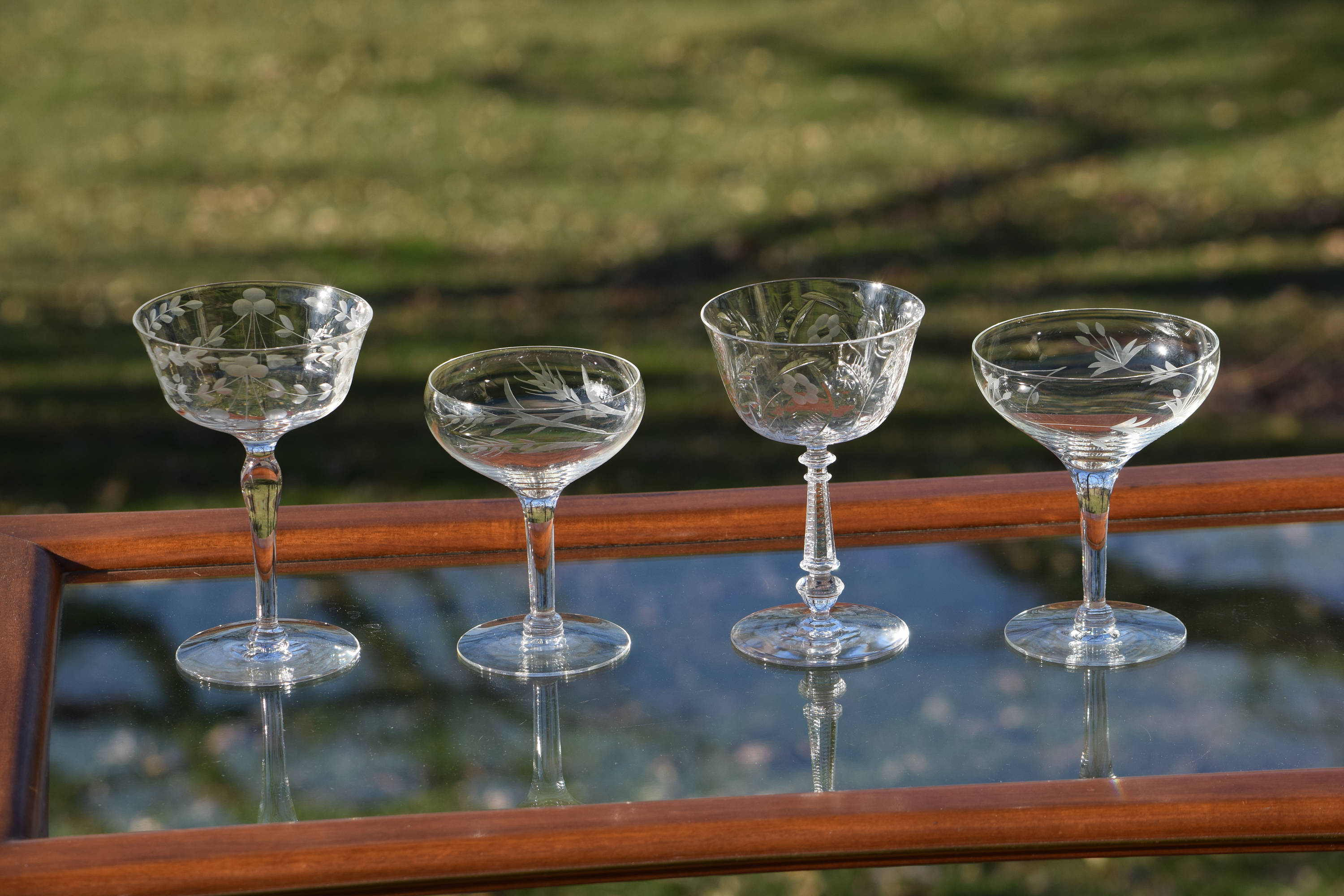 Vintage Rare Jeweled Metal Swirl Design 7” Tall Martini Cocktail Glasses Set