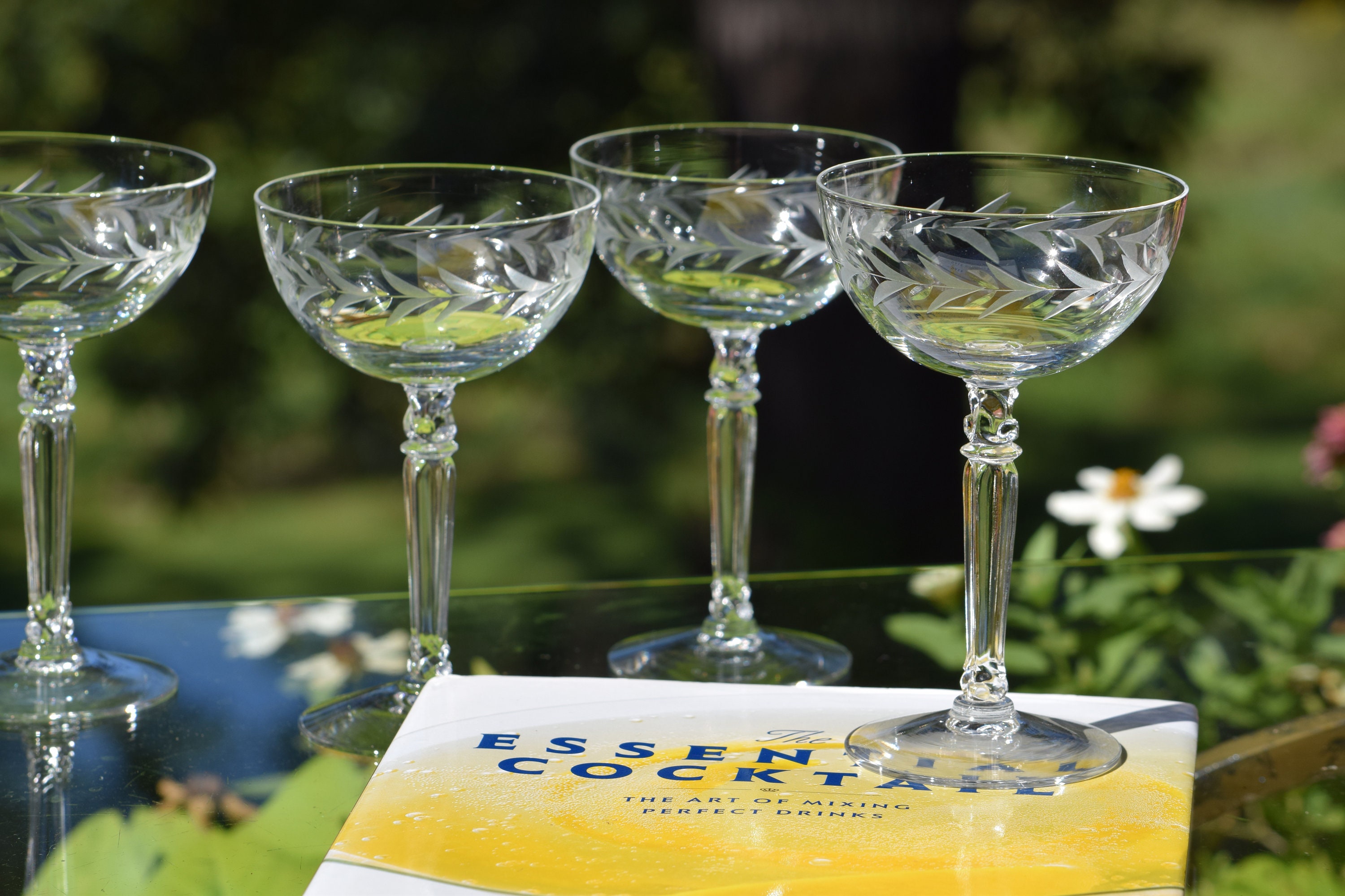 Vintage Etched CRYSTAL Champagne Coupes Cocktail Glasses, Set of 4