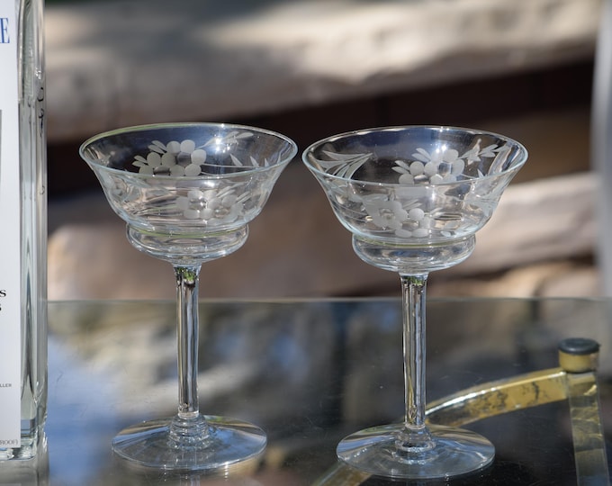 Vintage Etched Cocktail ~ Martini Glasses, 1950's, Nick & Nora,  Cocktail Party Glassware