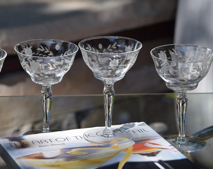 6 Vintage Etched Cocktail ~ Martini Glasses, 1950's, Nick & Nora Cocktail Hour,  Etched Champagne Glasses