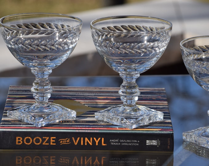 4 Vintage Etched Crystal Cocktail Glasses, Seneca, 1950's, Nick & Nora, Craft Cocktail Glasses, Vintage Etched Crystal Champagne Glasses