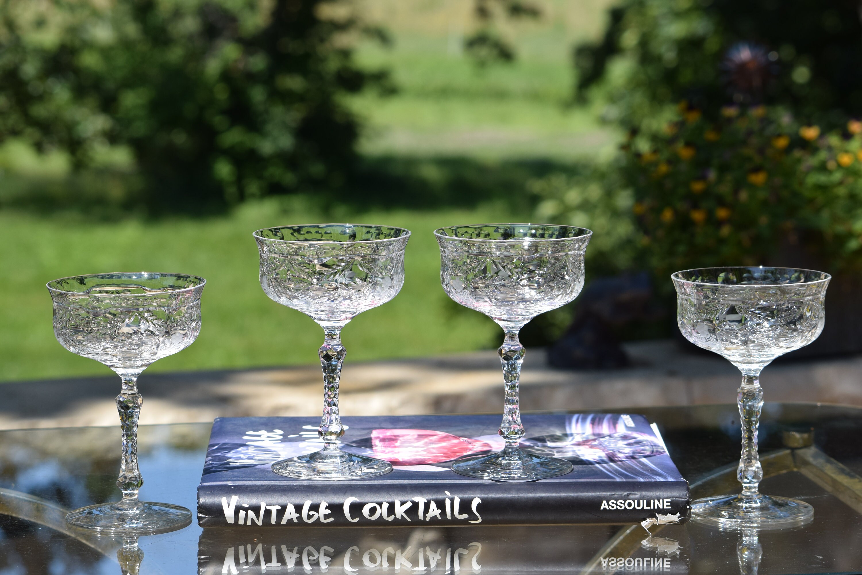 4 Vintage Etched Crystal Cocktail Glasses Martini Glasses, Rock