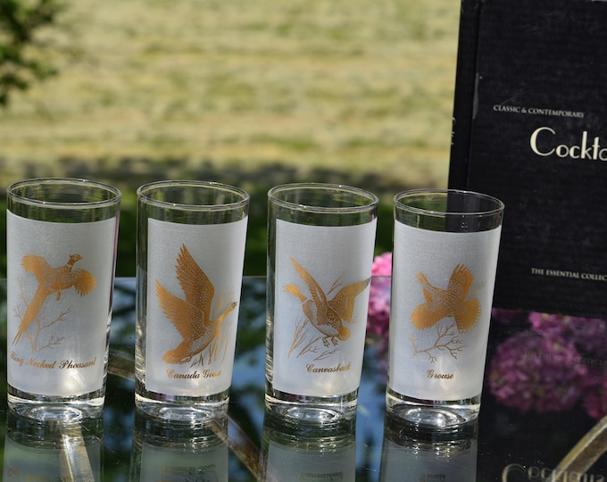 OUTDOORSMEN BARWARE GIFTS!  4 Vintage Gold Highball Glasses, 1960's Vintage Barware, Whiskey, Bourbon Highballs, Tx Hunter Decor ~ Man Cave