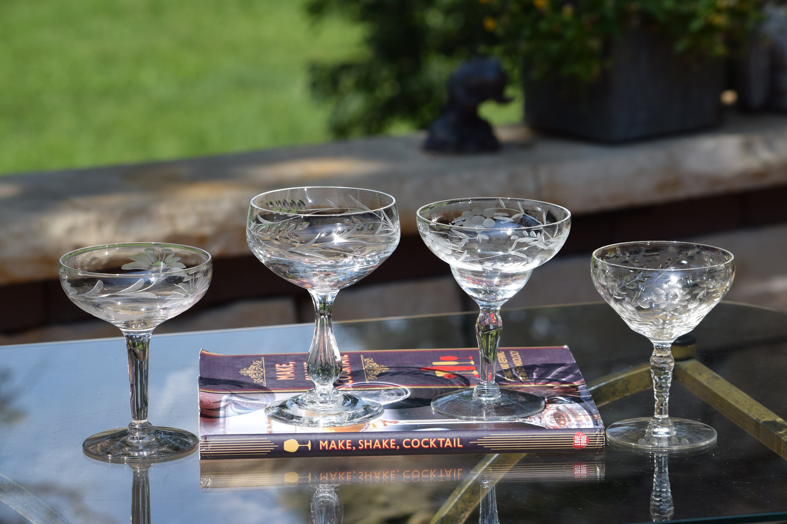 4 Vintage Etched Cocktail Martini Glasses, Set of 4 MisMatched Mixed