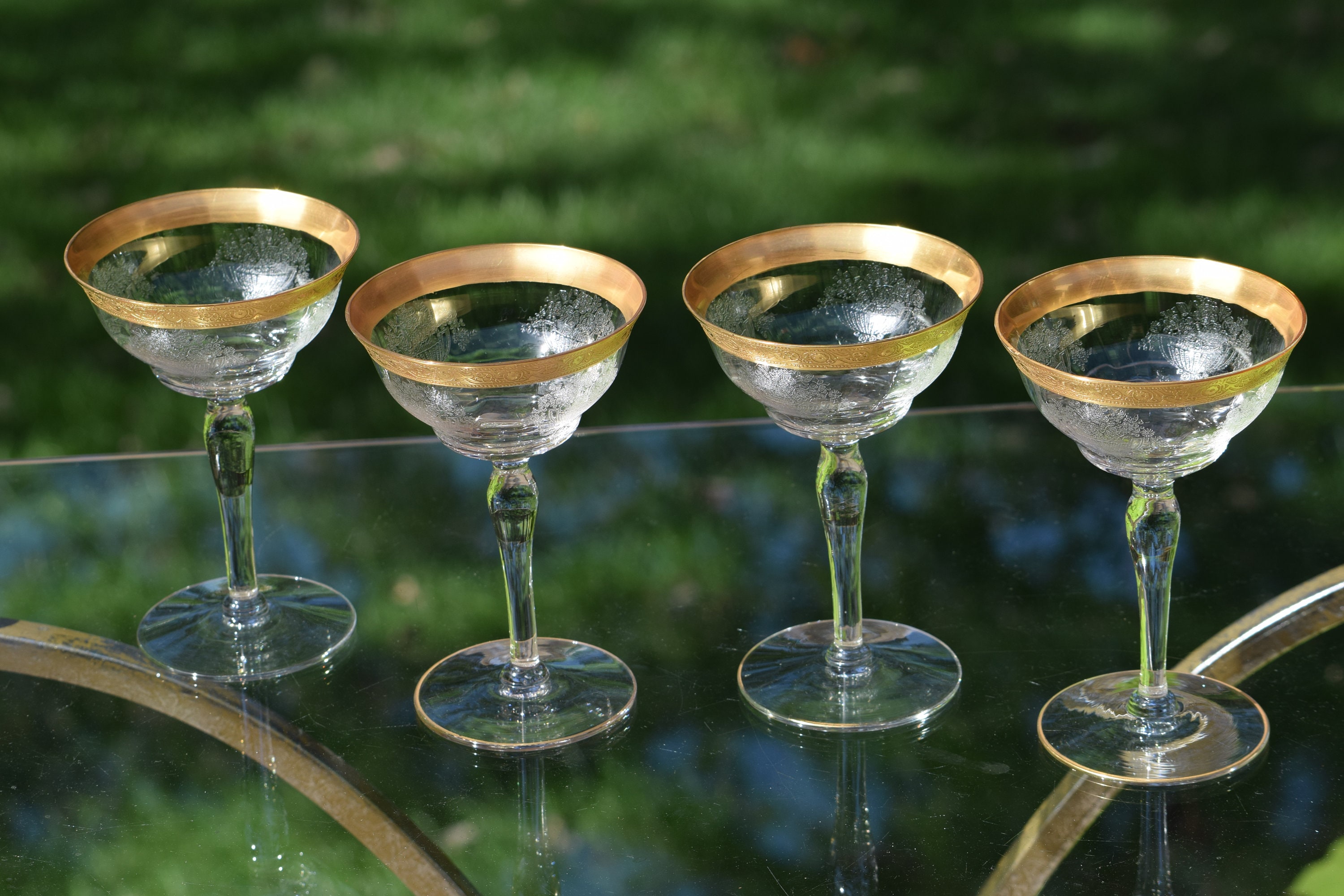 Vintage Gold Encrusted Rim Needle Etched Cocktail glasses, Set of 4
