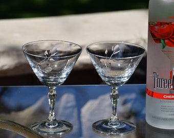 Vintage Fostoria Martini Glasses: Etched Floral Cocktail Glass Set