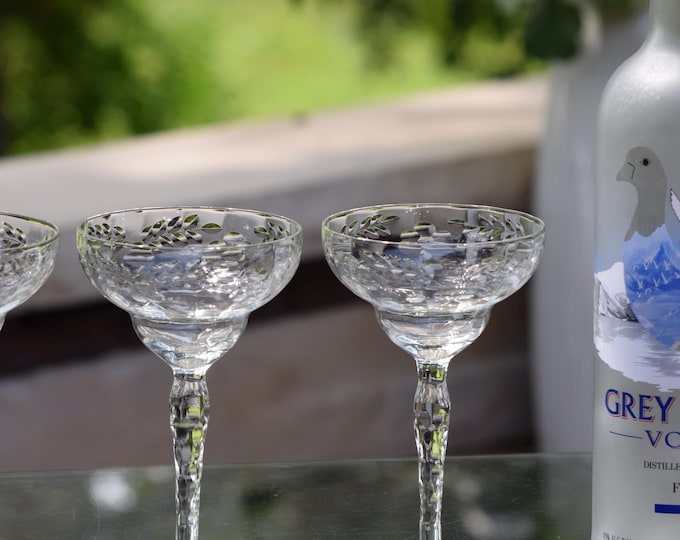 Vintage Etched Cocktail Martini Glasses, 1950's, Margarita Glasses, Set of 4