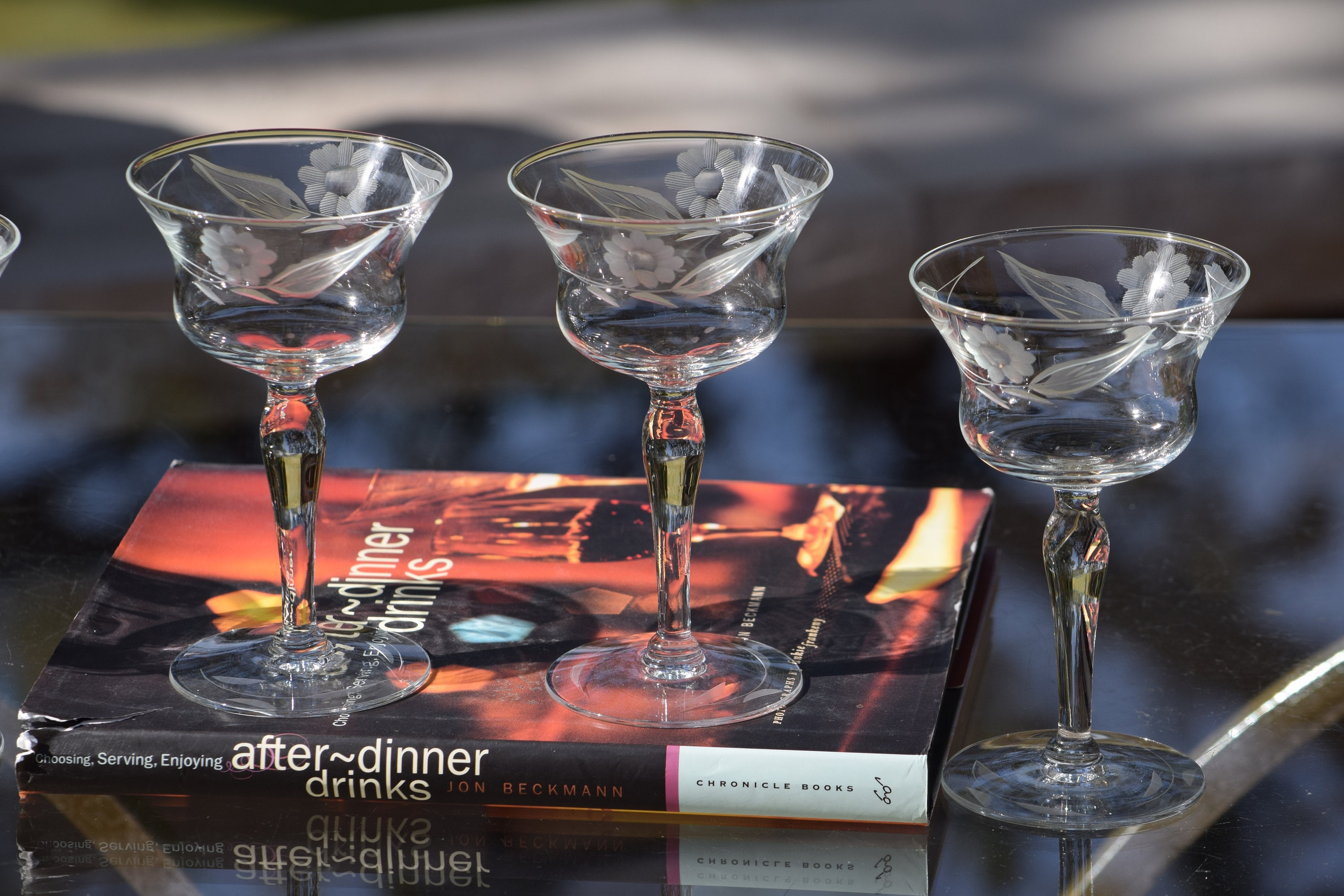 5 Vintage Etched Wine~ Liquor Glasses, 1950's, 4 oz After Dinner