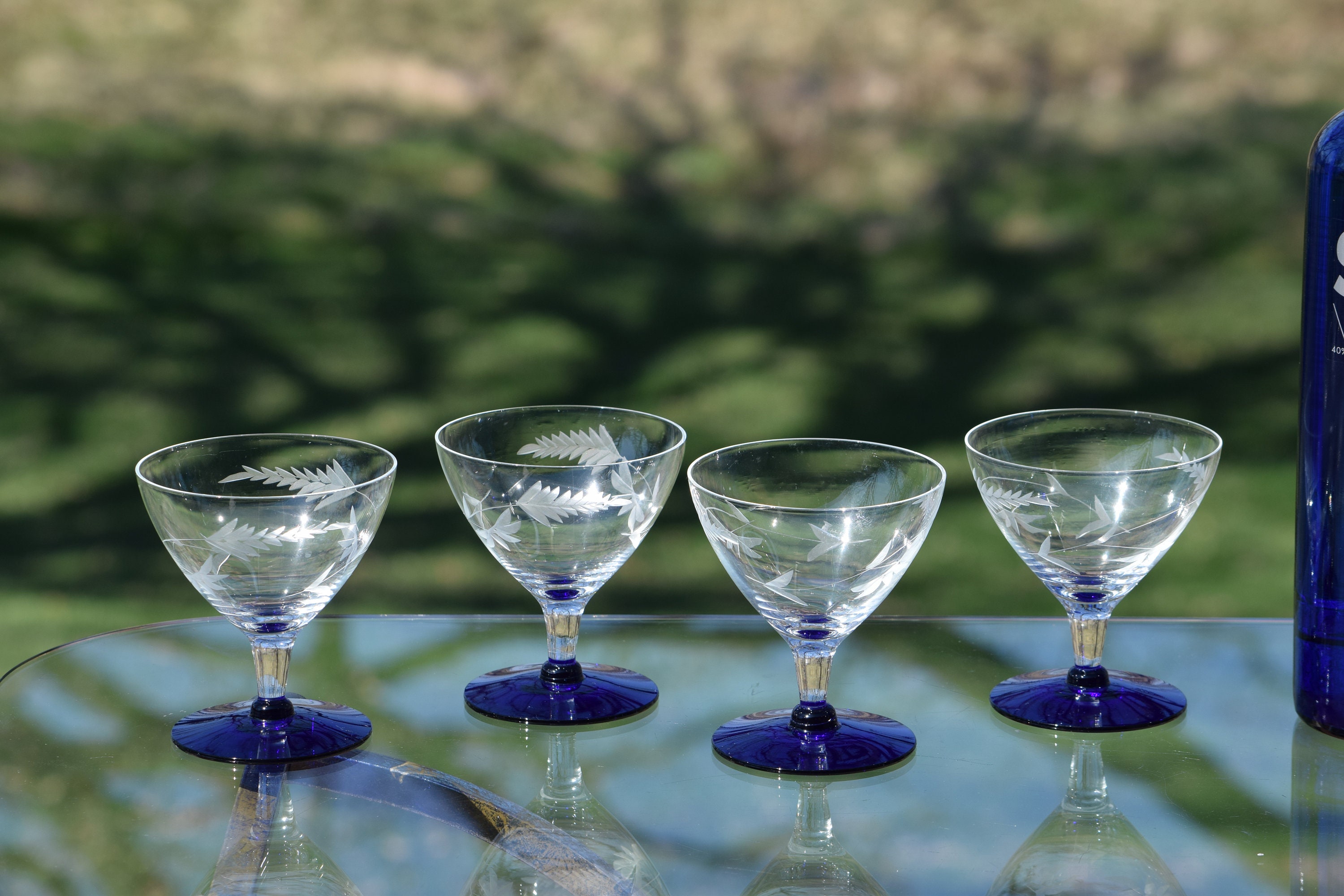 Vintage Etched Cocktail glasses, Set of 5, Vintage Cobalt Blue 6 oz
