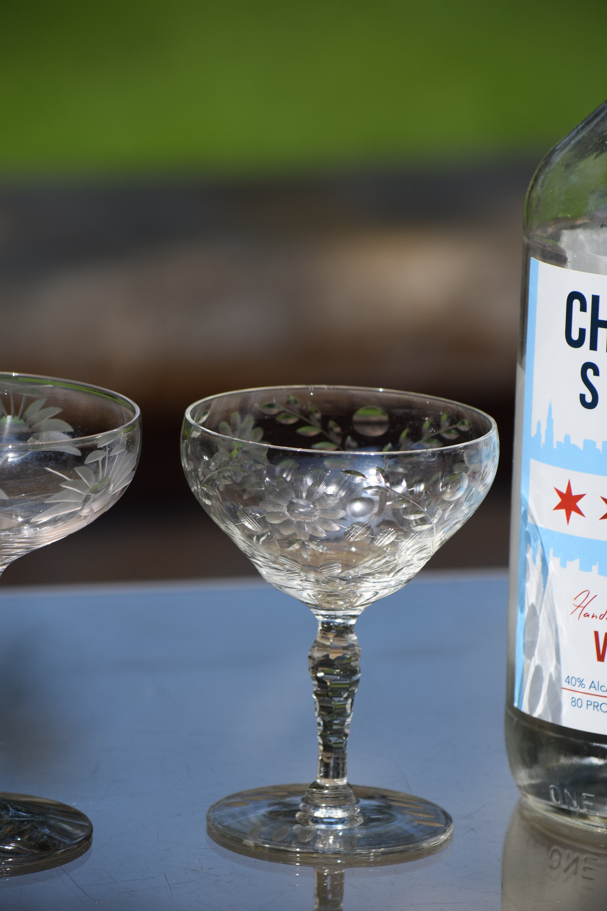 4 Vintage Etched Cocktail Martini Glasses, Set of 4 MisMatched Mixed