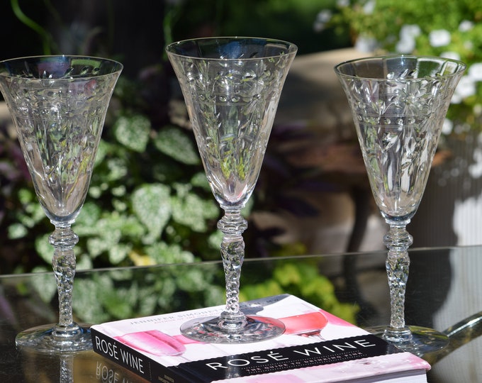 ELEGANT! EXQUISITE! 5 Vintage Etched Wine Glasses, Faceted Stem, Tiffin Franciscan, 1950's, Vintage Tall Water Goblets, Wedding Wine Glasses