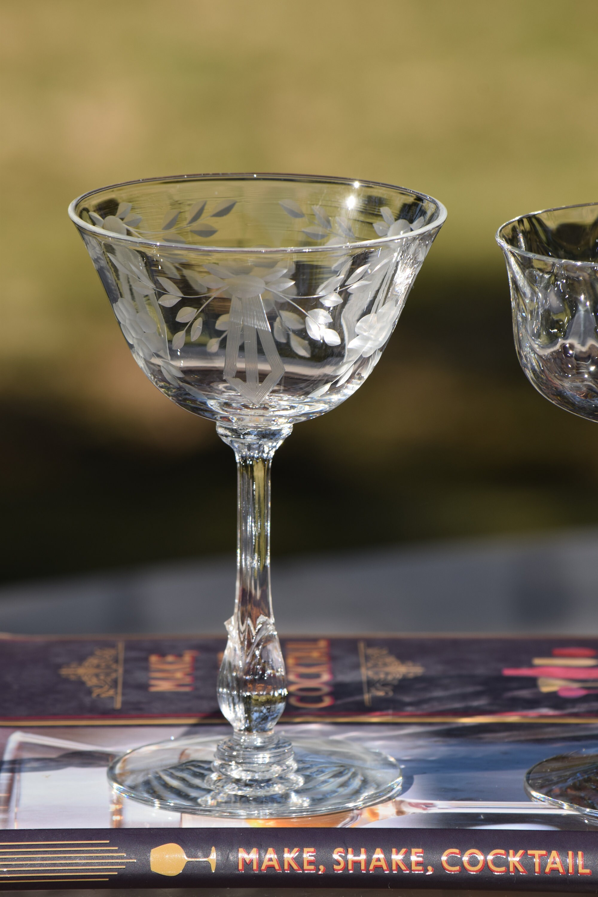 4 Vintage Etched Cocktail Martini Glasses, Set of 4 MisMatched Mixed