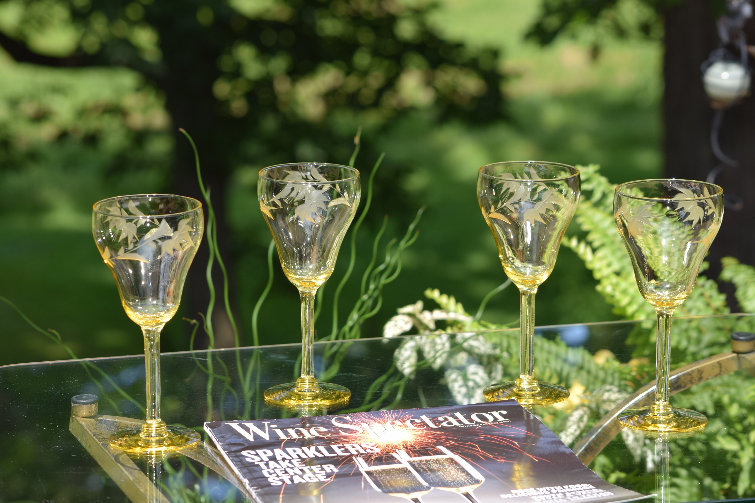 Vintage Etched Yellow Wine Glasses, Set of 4, Elegant Tall Yellow