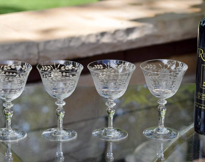 Vintage Etched Port Wine Liqueur Glasses: 1950s Cordials, Set of 4, After Dinner Drinks, Mini Martini