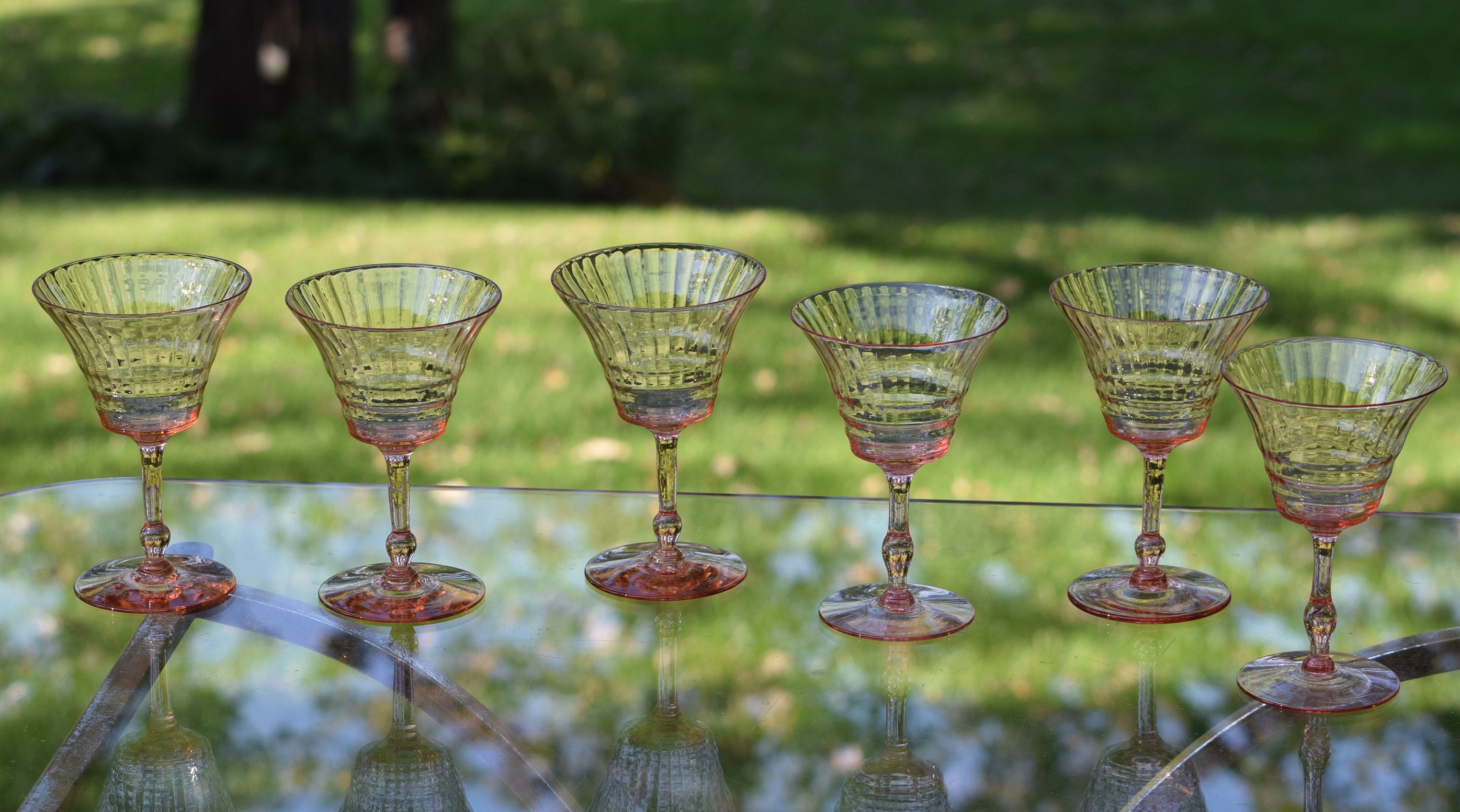 Antique Pink Optic Wine glasses, Set of 6, circa 1900's, Pink