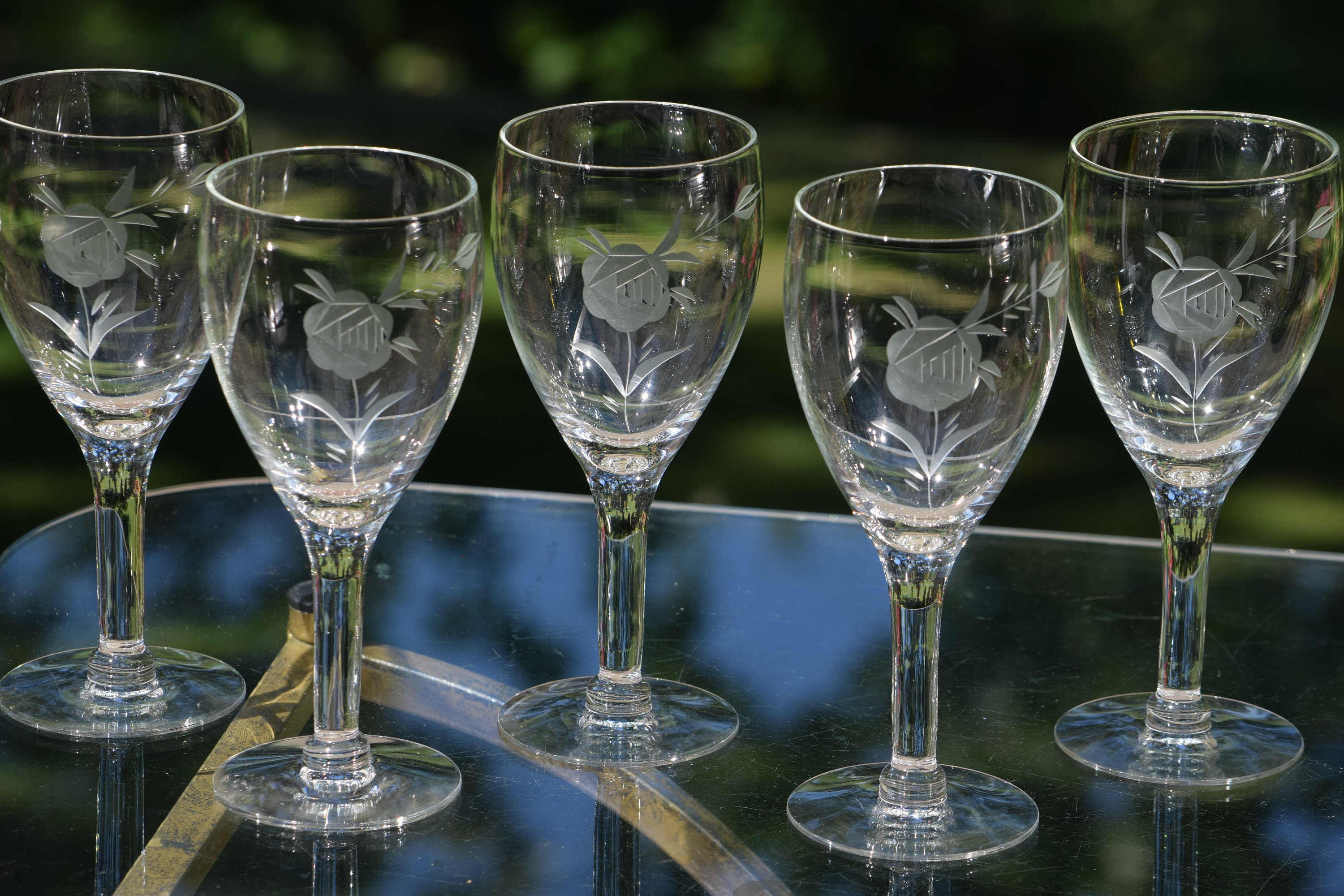 6 Vintage Rose Etched Wine Glasses, circa 1950's, Vintage Etched