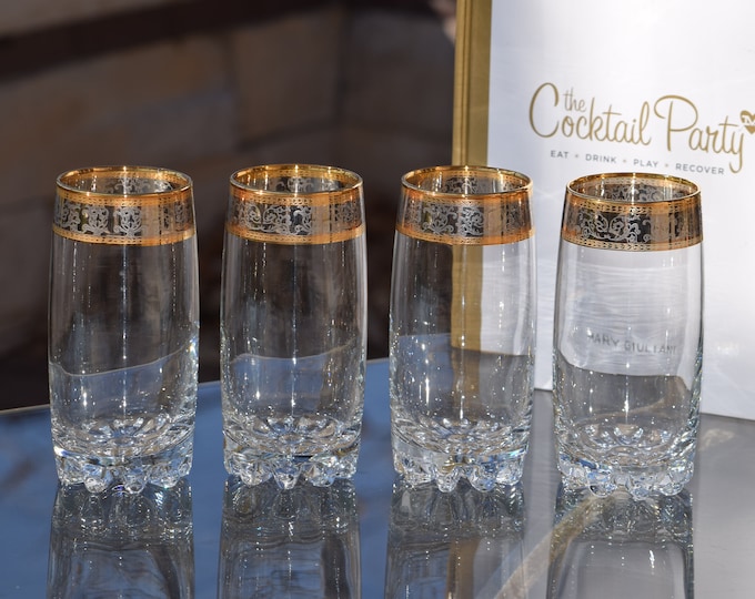 4 Vintage Gold & Silver Encrusted Cocktail - Highball Glasses, 1970's, Whiskey ~ Bourbon Highball Glasses ~ Vintage 10 oz Highballs