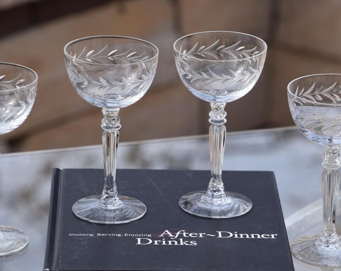 Vintage Etched Crystal Liqueur Glasses, 3 oz Cocktail Glasses, Set of 4, Fostoria 1950s Holly Design