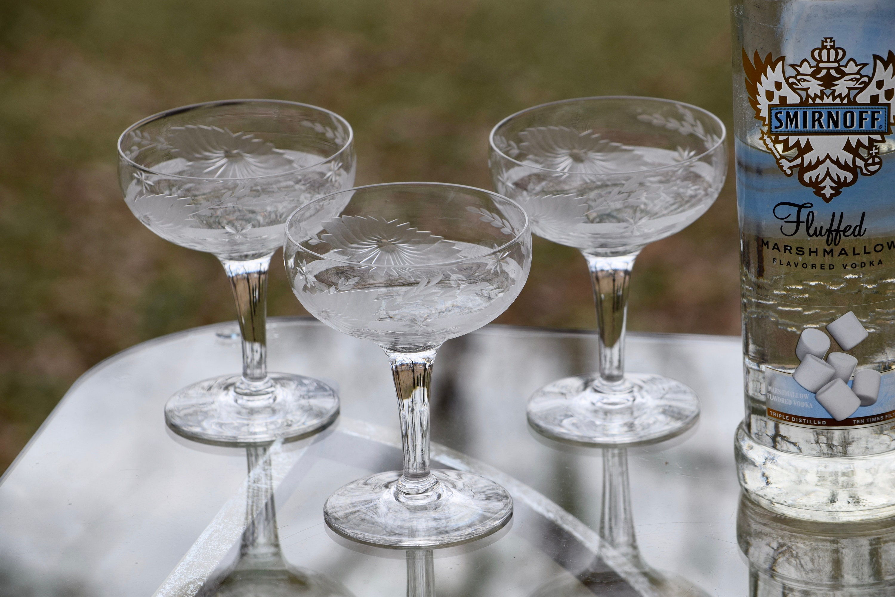 Vintage Etched Cocktail glasses, Set of 5, circa 1950's, Vintage Etched Champagne Coupes