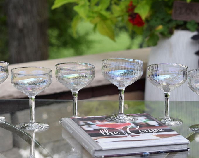 6 Vintage Iridescent Cocktail Glasses, 1950's, Vintage Iridescent Champagne Coupes, Unique Shaped Cocktail Glasses, Mixologists Glasses