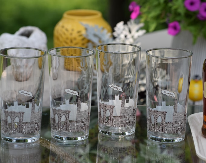 Hello Brooklyn, NY!  Very Cool Highballs and Tray! 4 Vintage Cocktail Highball Glasses ~ Whiskey Glasses, Brooklyn New York Barware