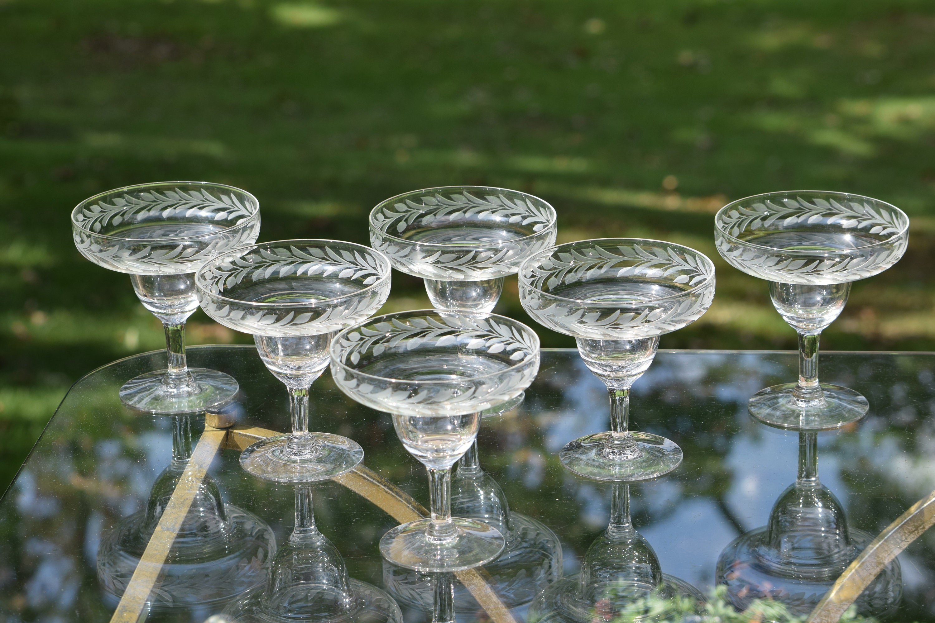 SOLD Reserved for Blake Vintage Etched Margarita Cocktail Glasses