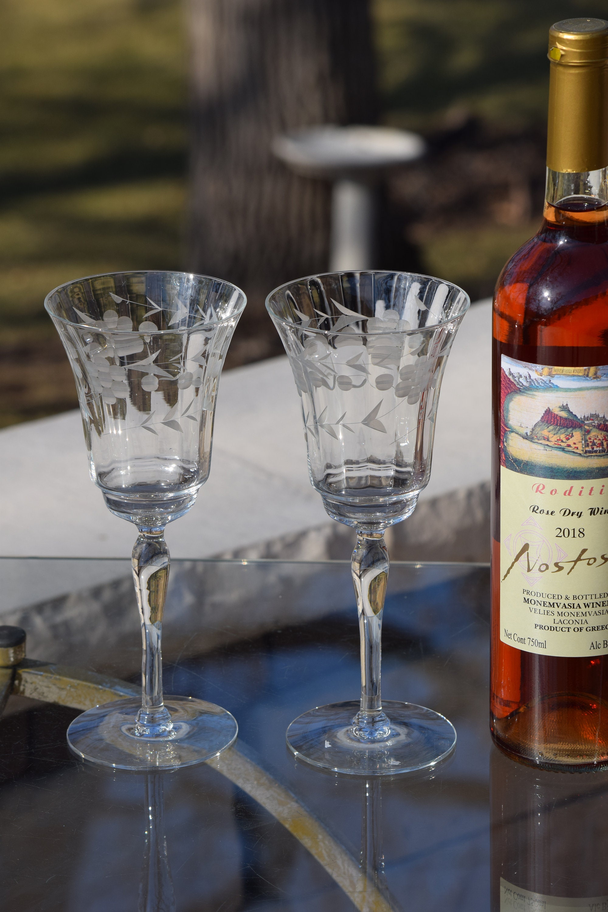 4 Vintage Etched Tall Wine Glasses Water Goblets, 1950's Etched Wine