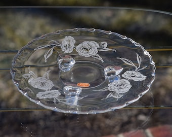 Fostoria CAMELLIA Etched Glass Plate, Tidbit Plate, Vintage Glass Dessert Plate, 3 Toed, Bridal Tea Party Elegant Luncheon