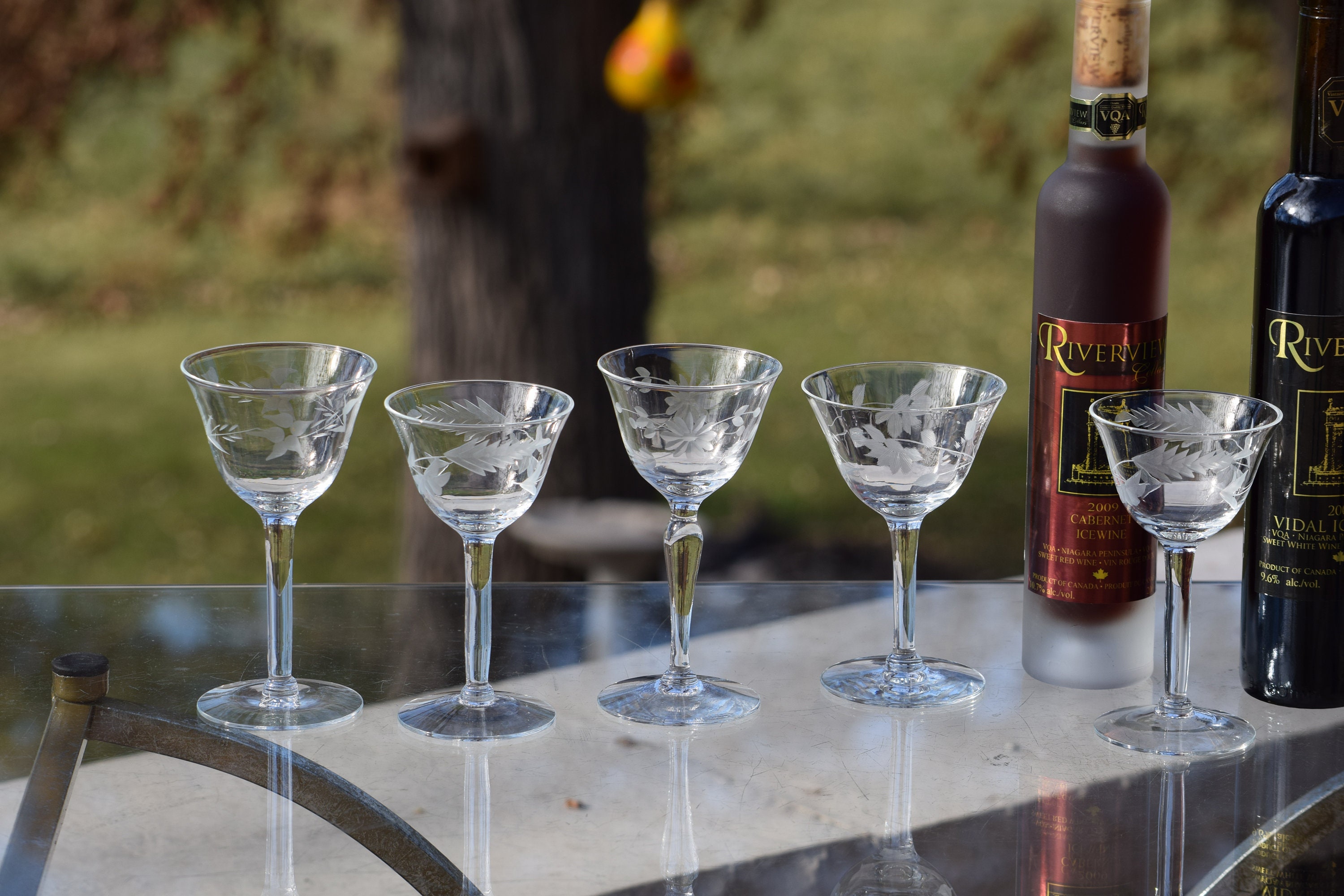 5 Vintage Etched Wine Liquor Glasses, Set of 5 MisMatched 3 oz