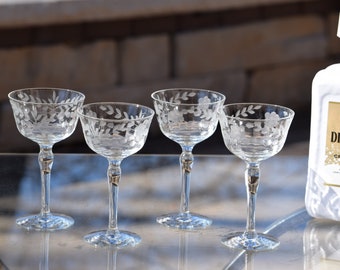 6 Vintage Etched Liqueur ~ Wine Cordials - Glasses, 1950's, 4 oz After Dinner Drink Glasses ~ Limoncello 4 oz Port Wine Liqueur glasses