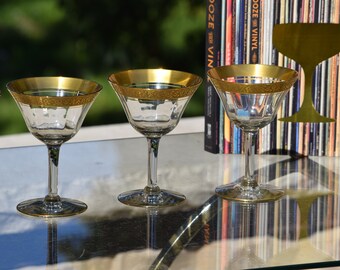 5 Vintage Gold Encrusted Cocktail - Martini Glasses, Tiffin Franciscan, c. 1930's, Nick & Nora, Vintage Gold Rimmed Champagne Glasses