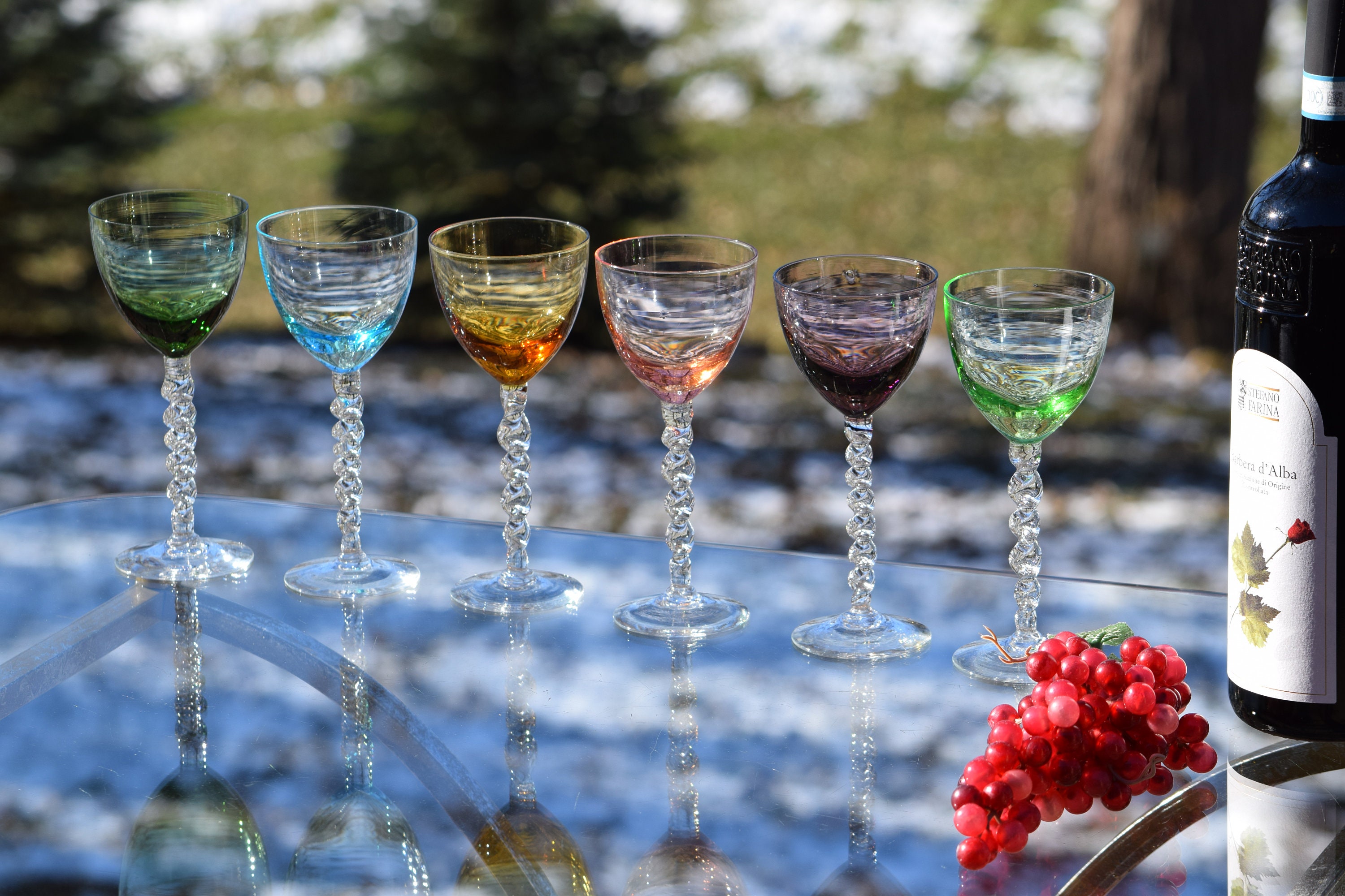 Vintage Multi Colored Clear Twisted Stem Wine Glasses Set of 4, 4