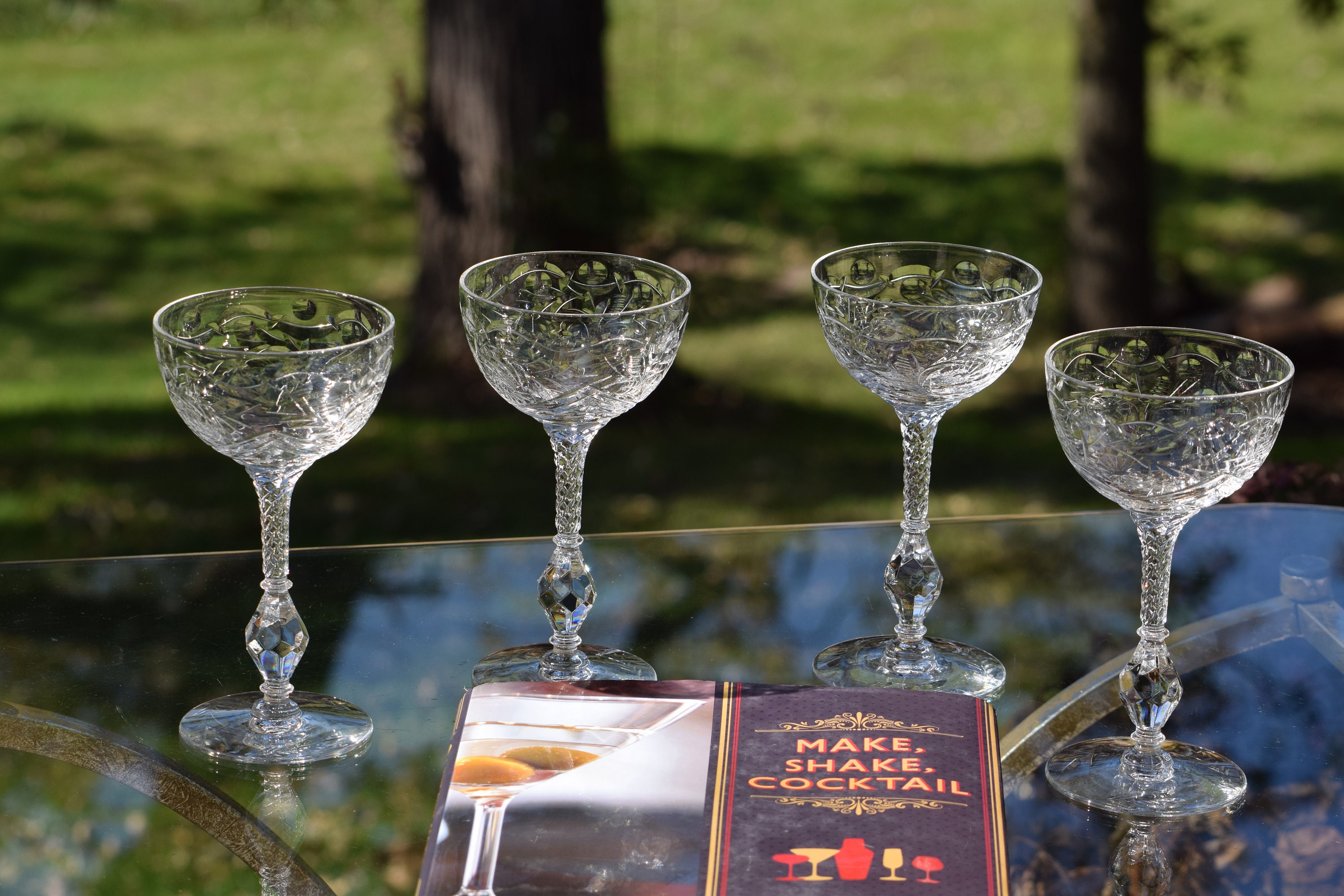 Vintage Tall Etched Crystal Martini Glasses - Set of 4