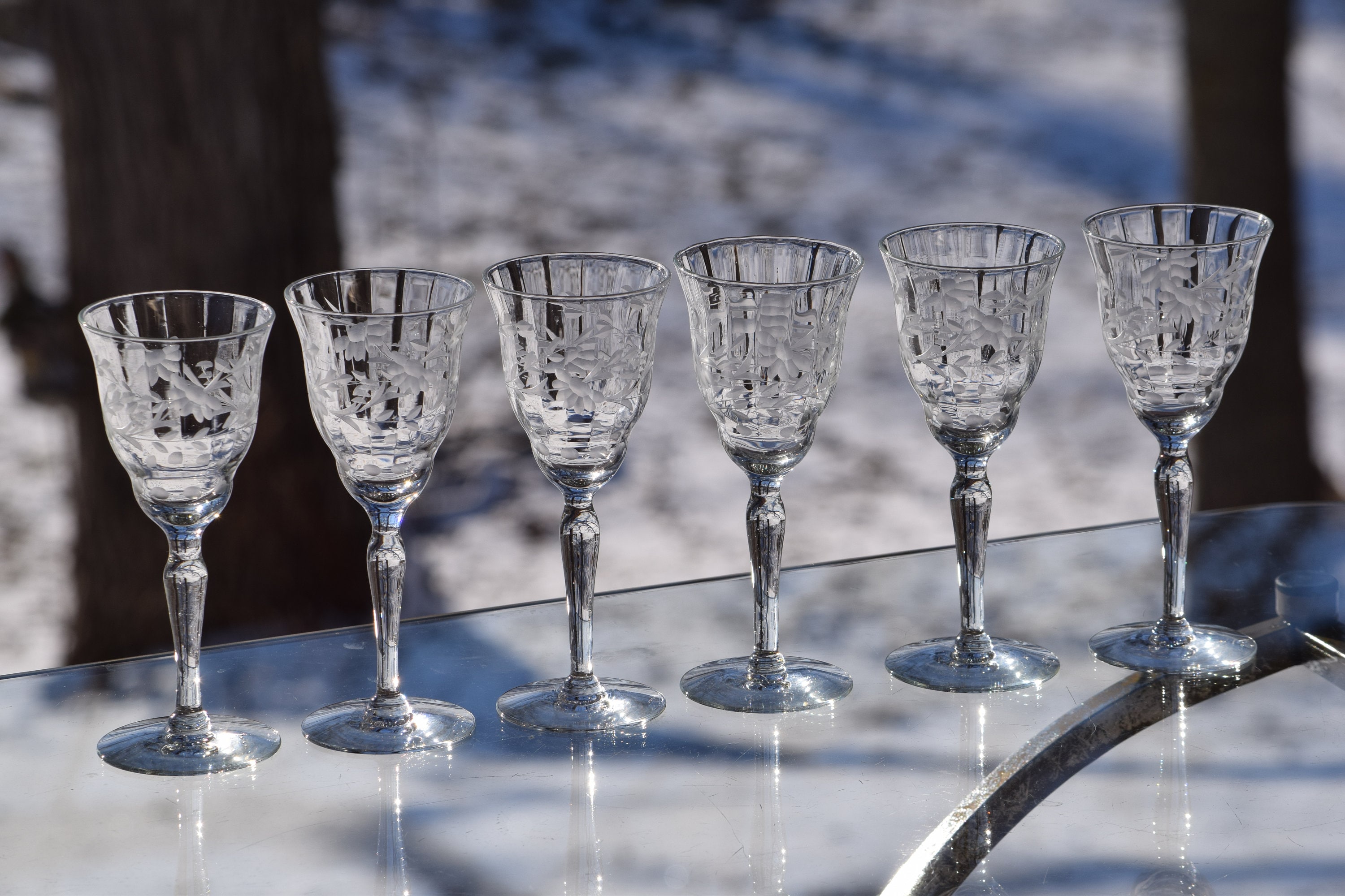 Vintage Etched Wine Cordial Glasses, Set of 6, After Dinner Drink