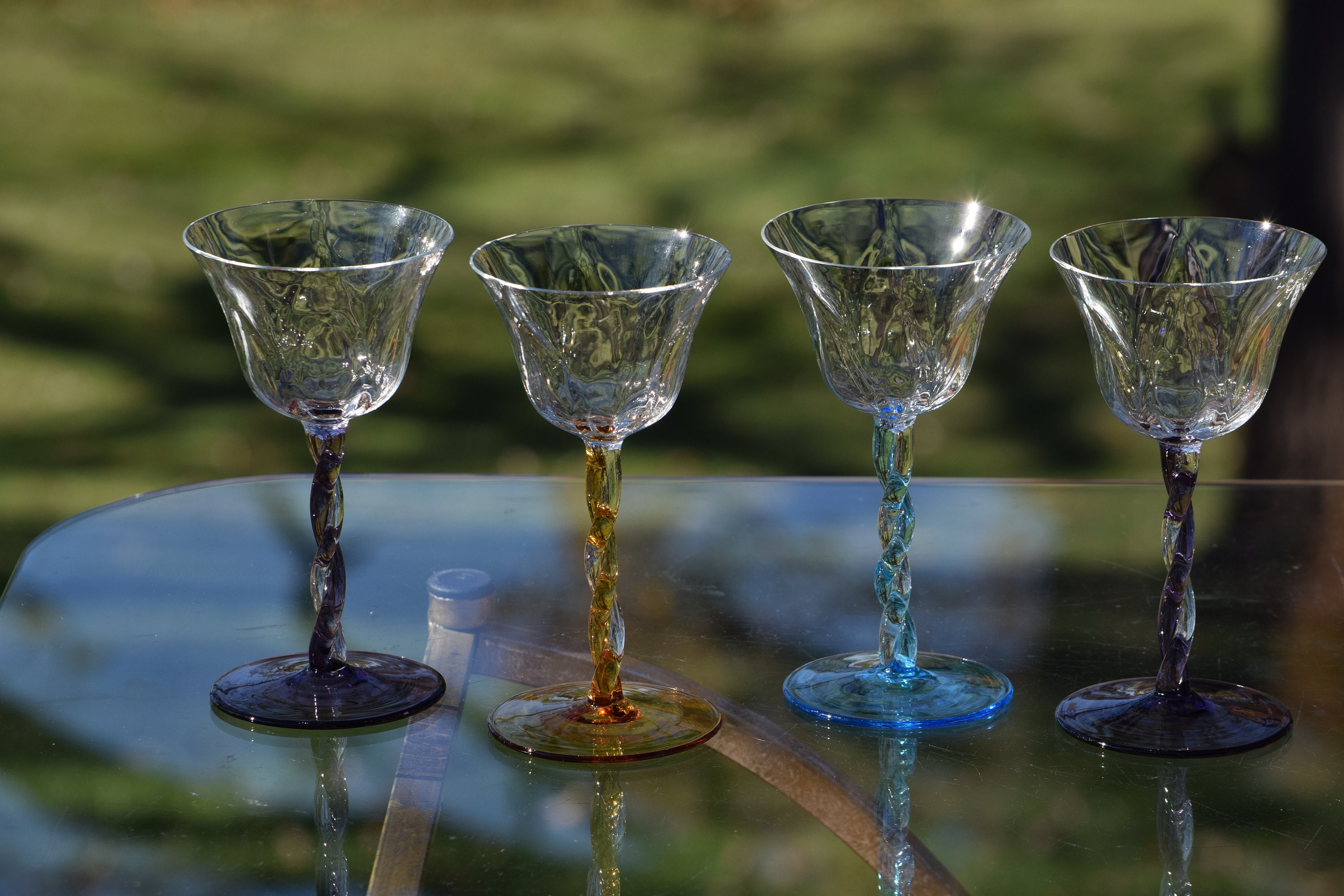 Vintage Multi Colored Twisted Stem Wine Glasses Set of 4, 4 oz Wine Glasses,  Vintage 4 oz Cocktail Glasses, Unique Wine Glasses