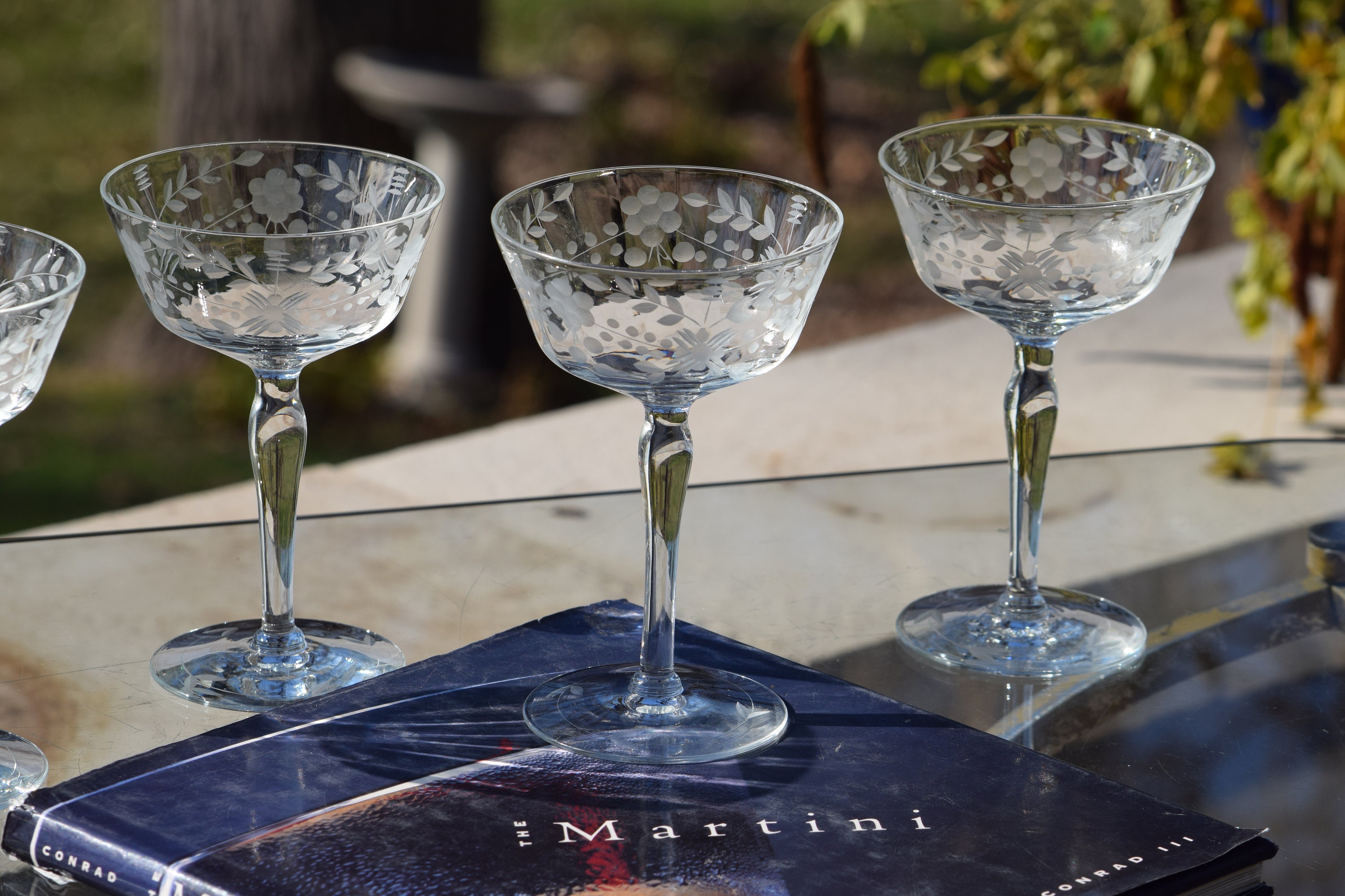 Vintage Etched Coupe Glasses Vintage Etched Coupe Glasses