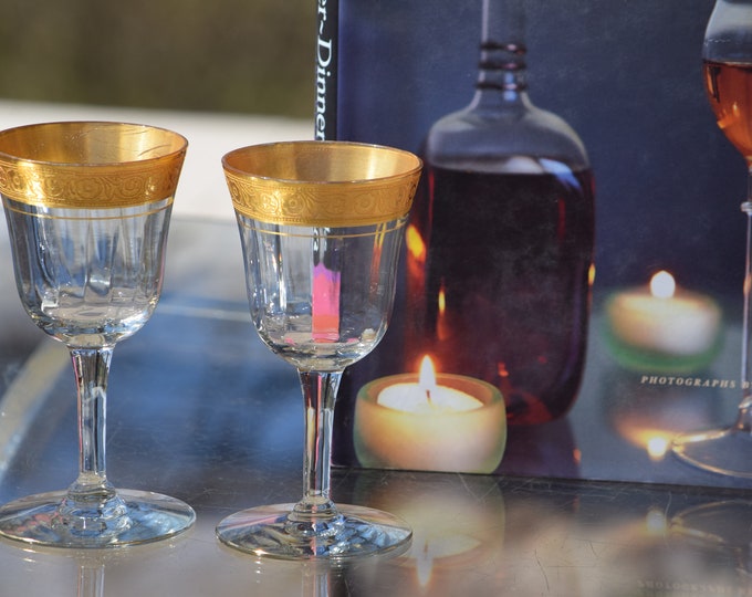 4 Vintage Gold Encrusted Wine Liqueur Cordials, Tiffin Franciscan, 1940's, 3 oz After Dinner Dessert Wine Glasses,  3 oz Port Wine Glasses