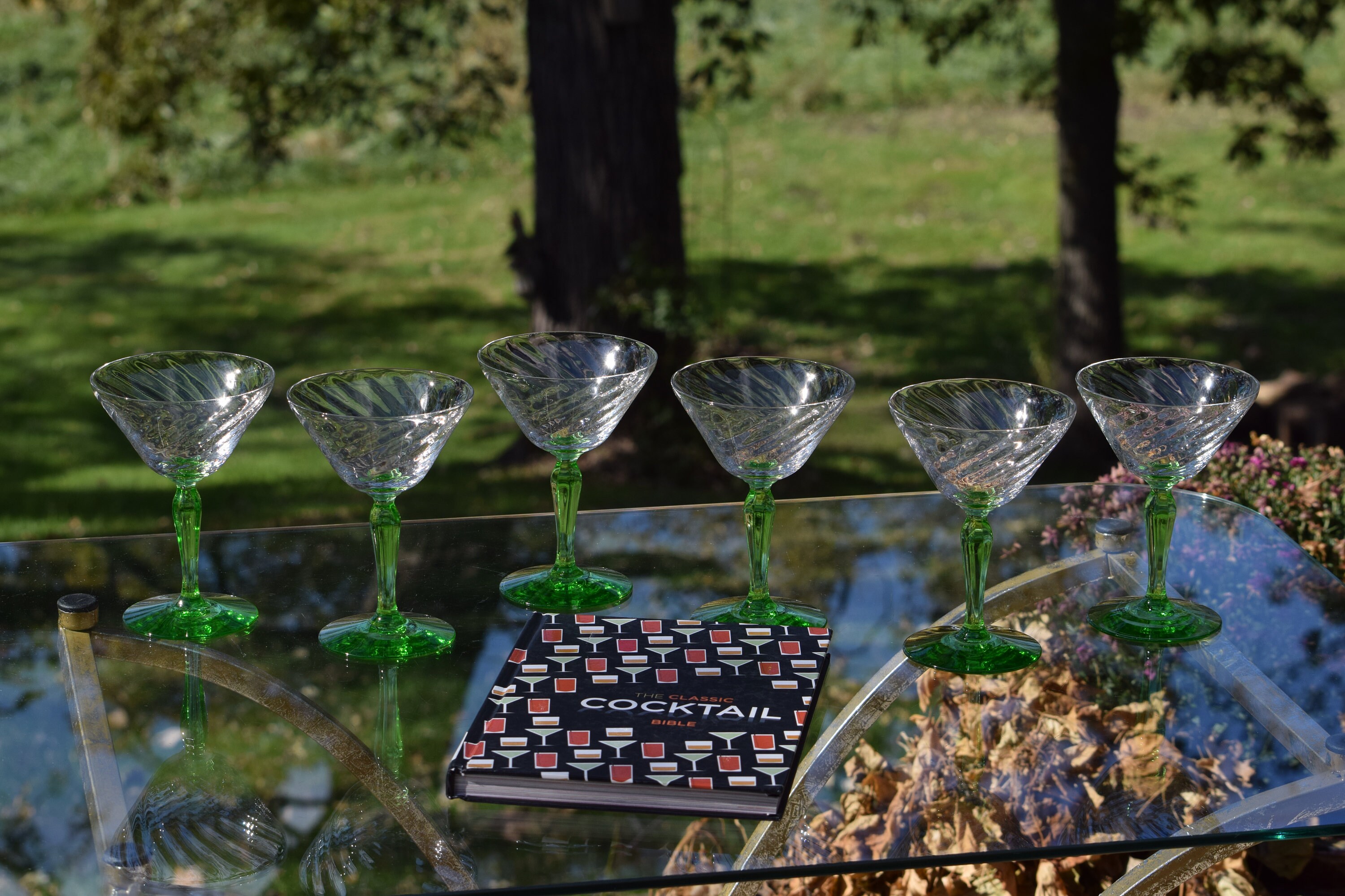 Vintage Swirled Optic with Green VASELINE URANIUM Cocktail Glasses, Set