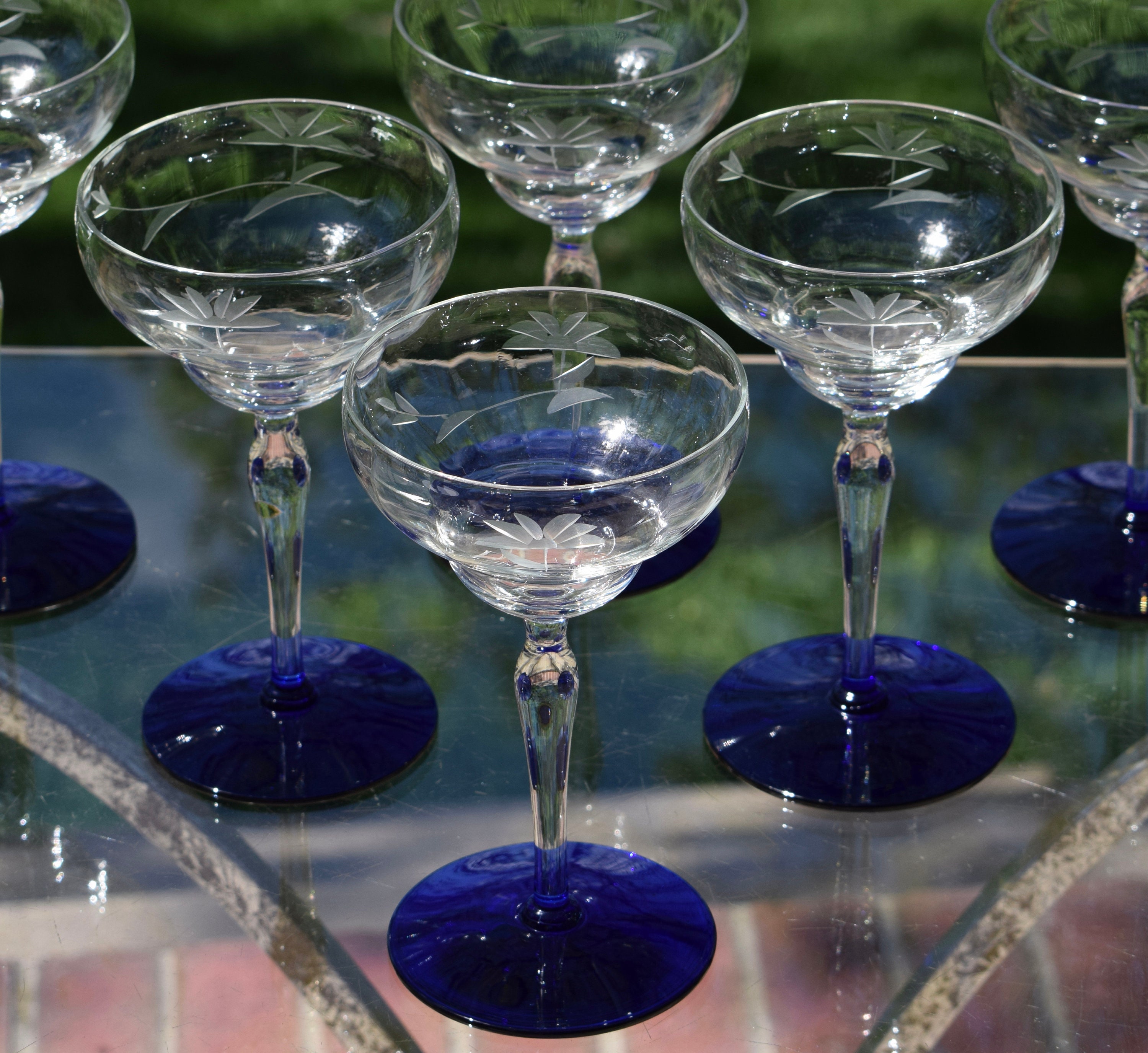 6 Vintage Etched Cobalt Blue Cocktail Martini Glasses, Mixologist