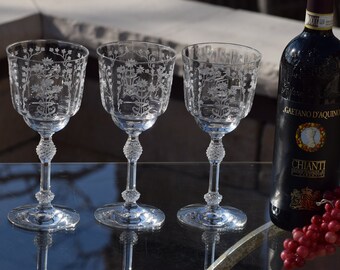 4 verres à vin en cristal gravés vintage, Fostoria, Manor, vers les années 1930, élégants verres à vin en cristal vintage ~ Gobelets à eau